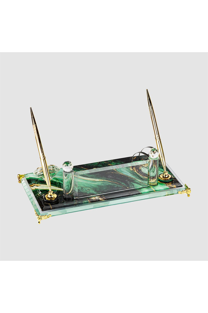 Yeşil Gold Kristal Masa İsimliği – Saatli Çift Kalemli 16×30 cm (MKR-401) – ön görünüm