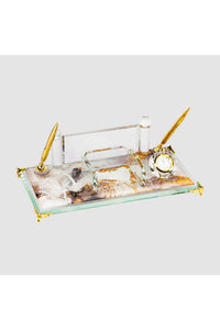 Şeffaf Gold Kristal Masa İsimliği – Saatli Çift Kalemli 16×30 cm (MKR-402) – detay görünümü