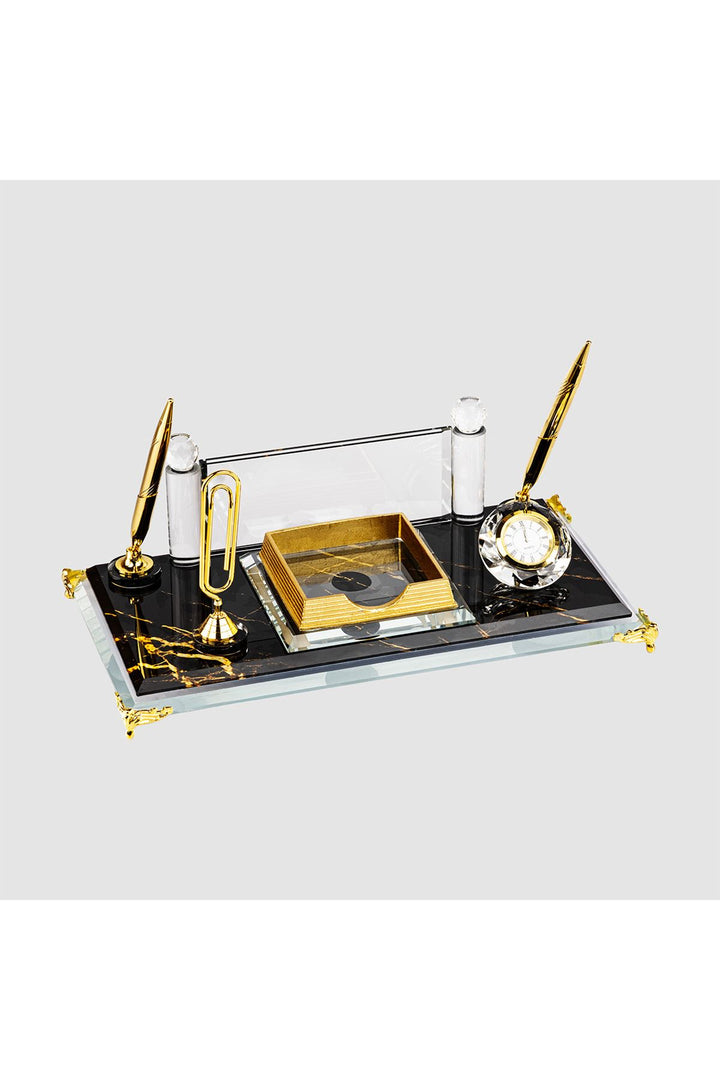 Siyah Gold Kristal Masa İsimliği – Saatli Çift Kalemli 16×30 cm (MKR-403) – detay görünümü