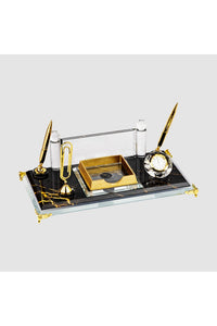 Siyah Gold Kristal Masa İsimliği – Saatli Çift Kalemli 16×30 cm (MKR-403) – detay görünümü