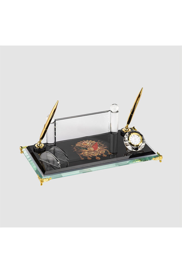 Siyah Gold Geniş Plakalı Kristal Masa İsimliği – Saatli Çift Kalemli 16×30 cm (MKR-406) – detay görünümü