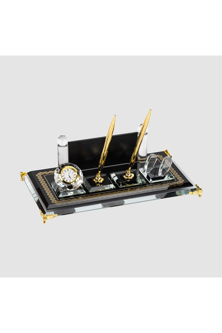 Siyah Gold Geniş Kristal Masa İsimliği – Saatli Çift Kalemli 16×30 cm (MKR-410) – detay görünümü