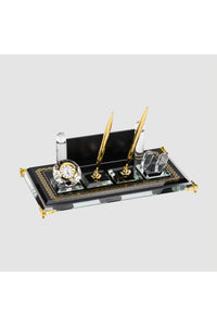 Siyah Gold Geniş Kristal Masa İsimliği – Saatli Çift Kalemli 16×30 cm (MKR-410) – detay görünümü