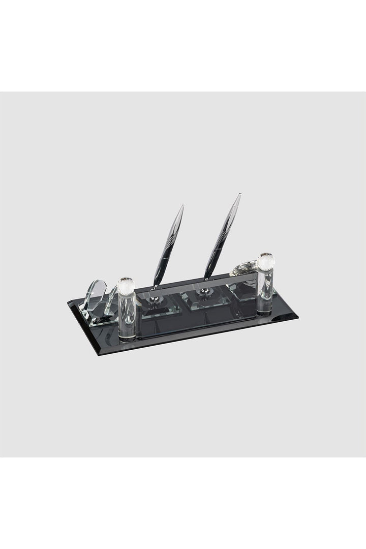 Siyah Silver Kristal Masa İsimliği – Saatli Çift Kalemli 12×24 cm (MKR-518) – ön görünüm