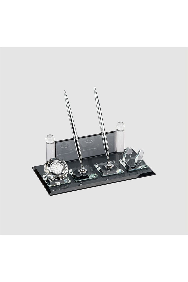 Siyah Silver Kristal Masa İsimliği – Saatli Çift Kalemli 12×24 cm (MKR-518) – detay görünümü
