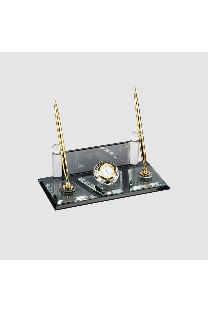 Siyah Gold Kristal Masa İsimliği – Saatli Çift Kalemli 12×24 cm (MKR-520) – detay görünümü