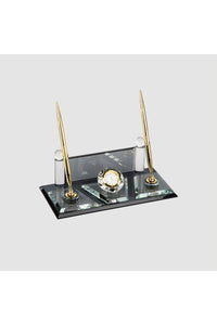 Siyah Gold Kristal Masa İsimliği – Saatli Çift Kalemli 12×24 cm (MKR-520) – detay görünümü