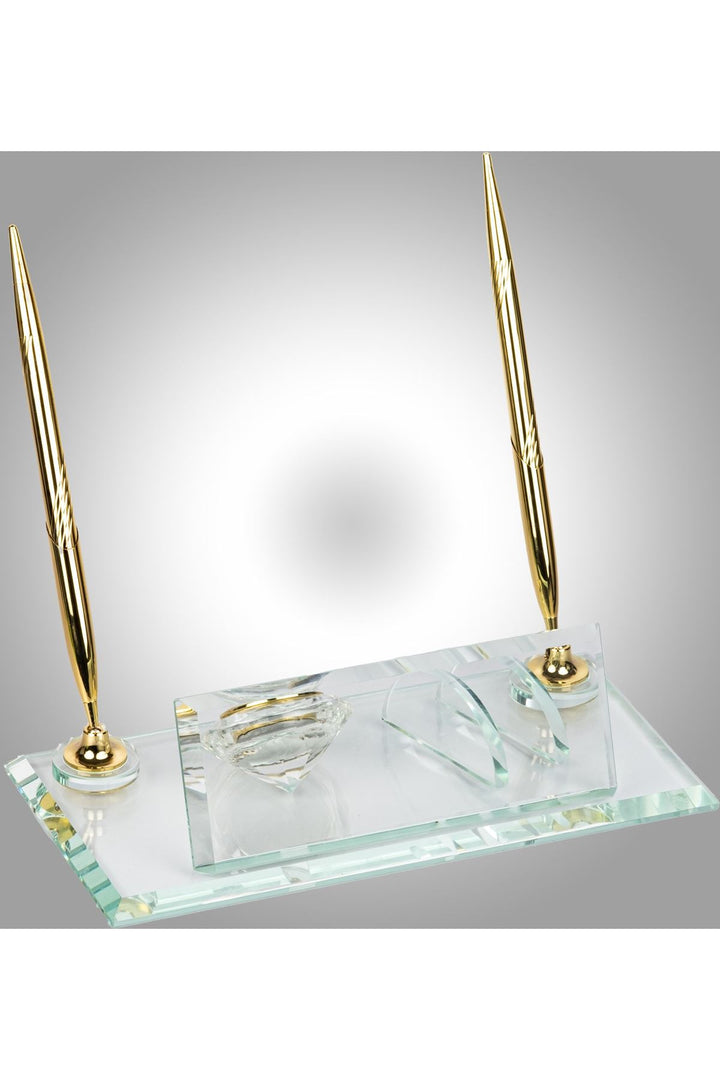 Şeffaf Gold Kristal Masa İsimliği – Saatli Çift Kalemli 11×22 cm (MKR-525) – ön görünüm