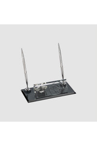 Siyah Silver Kristal Masa İsimliği – Saatli Çift Kalemli 11×22 cm (MKR-526) – ön görünüm