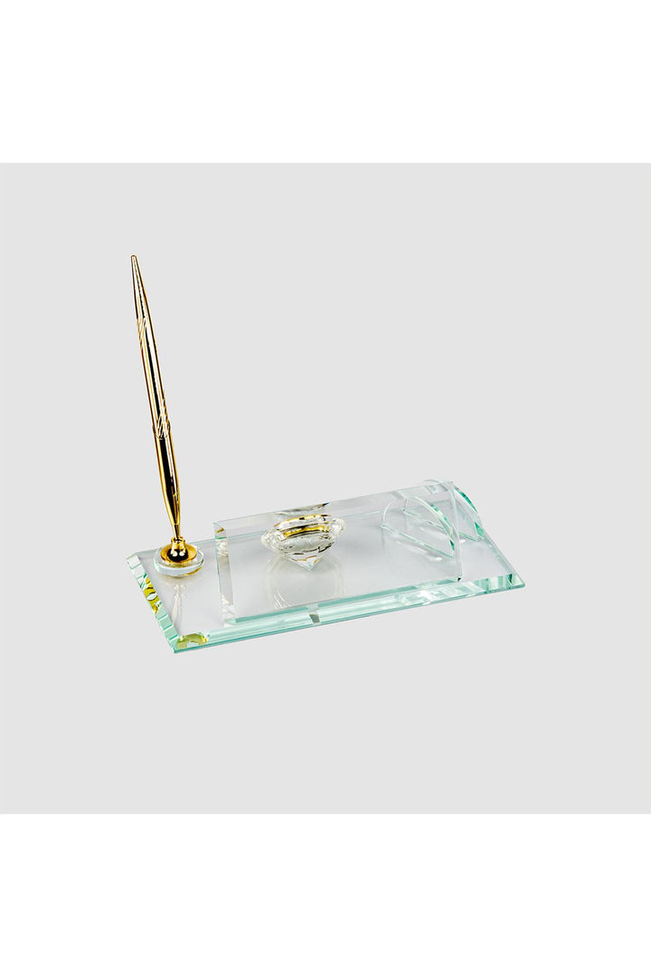 Şeffaf Gold Kristal Masa İsimliği – Saatli Tek Kalemli 11×22 cm (MKR-531) – ön görünüm