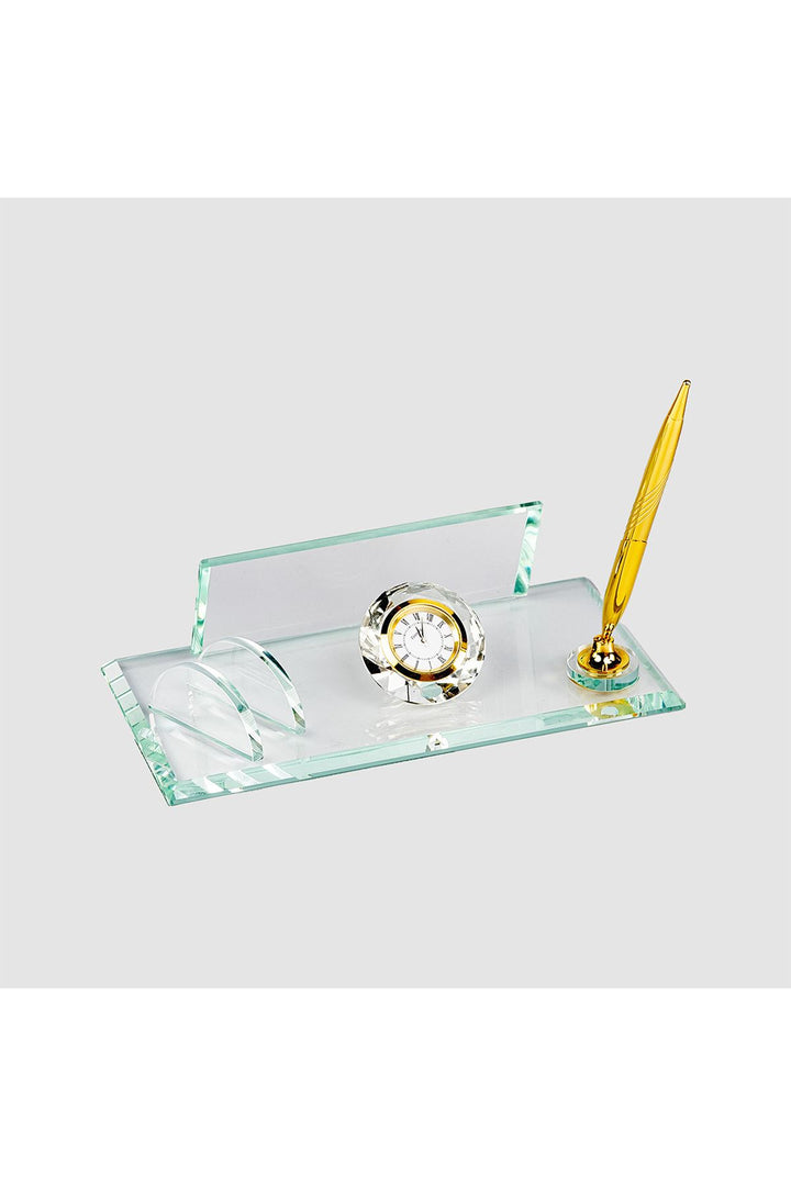 Şeffaf Gold Kristal Masa İsimliği – Saatli Tek Kalemli 11×22 cm (MKR-531) – detay görünümü