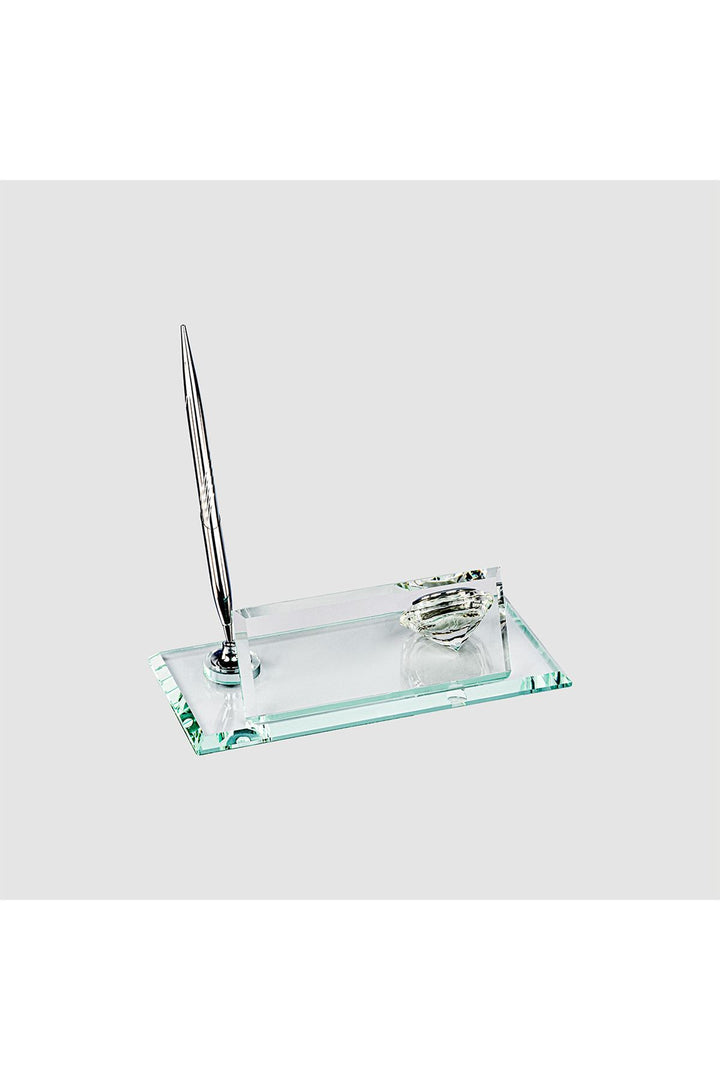 Şeffaf Silver Kristal Masa İsimliği – Saatli Tek Kalemli 10×21 cm (MKR-533) – ön görünüm