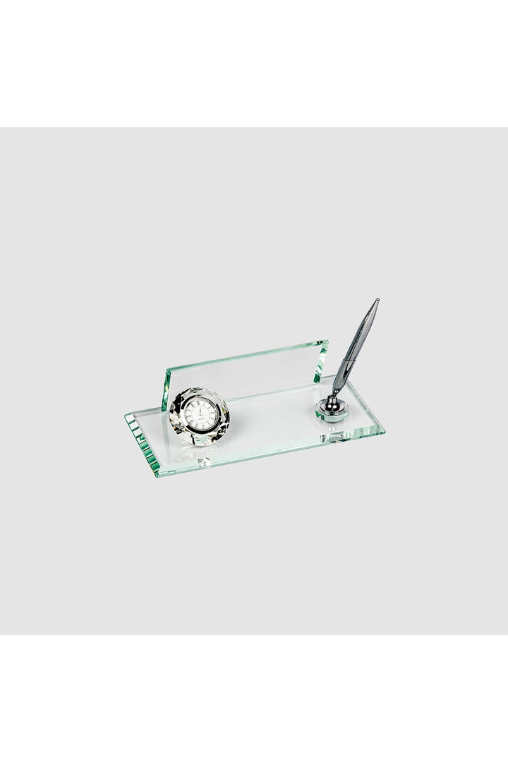 Şeffaf Silver Kristal Masa İsimliği – Saatli Tek Kalemli 10×21 cm (MKR-533) – detay görünümü
