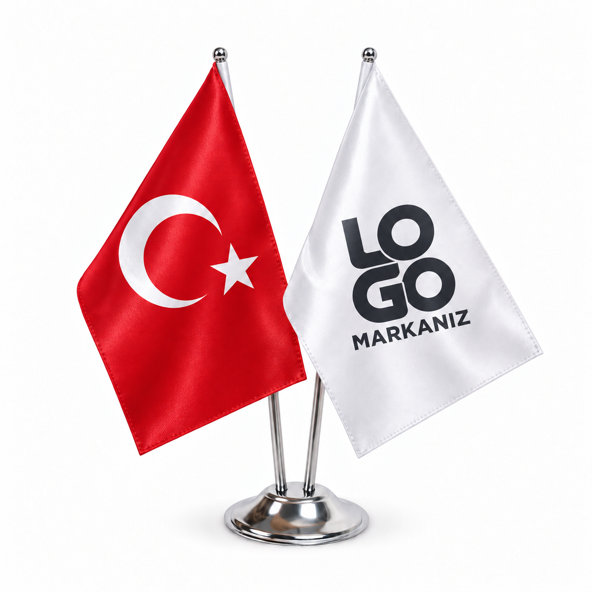 Türk Bayraklı ve Logolu İkili Masa Bayrağı (Krom Direkli)