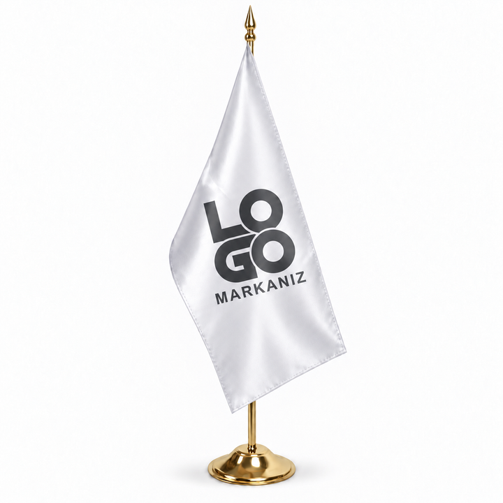Logolu makam bayrağı, gold direkli — LOGO amblemi ve MARKANIZ örnek baskısı