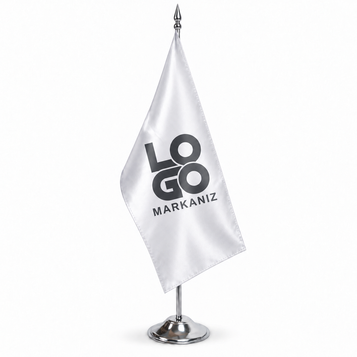 Logolu Makam Bayrağı Krom — LOGO amblemi ve MARKANIZ örnek baskısı