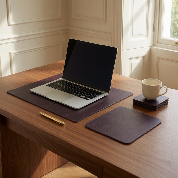 Kahve suni deri masa pedi seti, laptop ile kullanım
