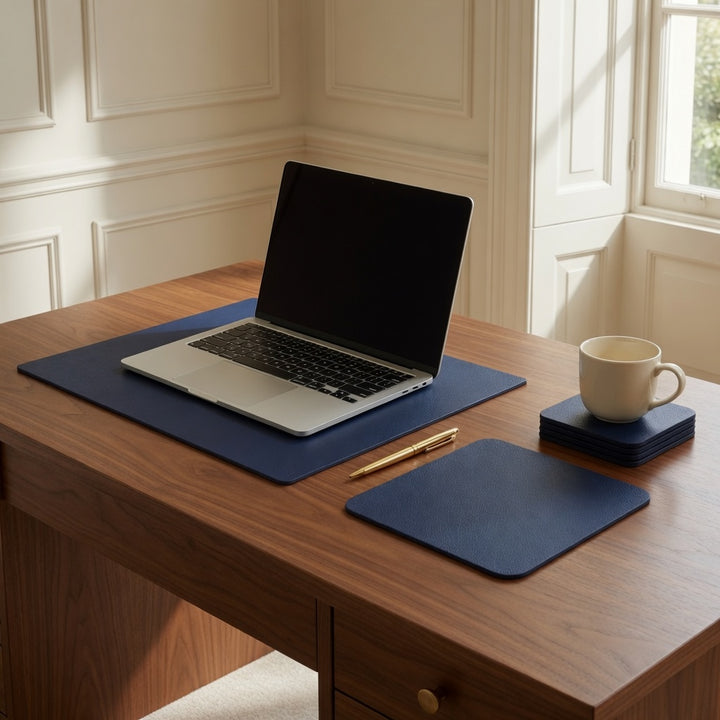 Lacivert suni deri masa pedi seti, laptop ile kullanım