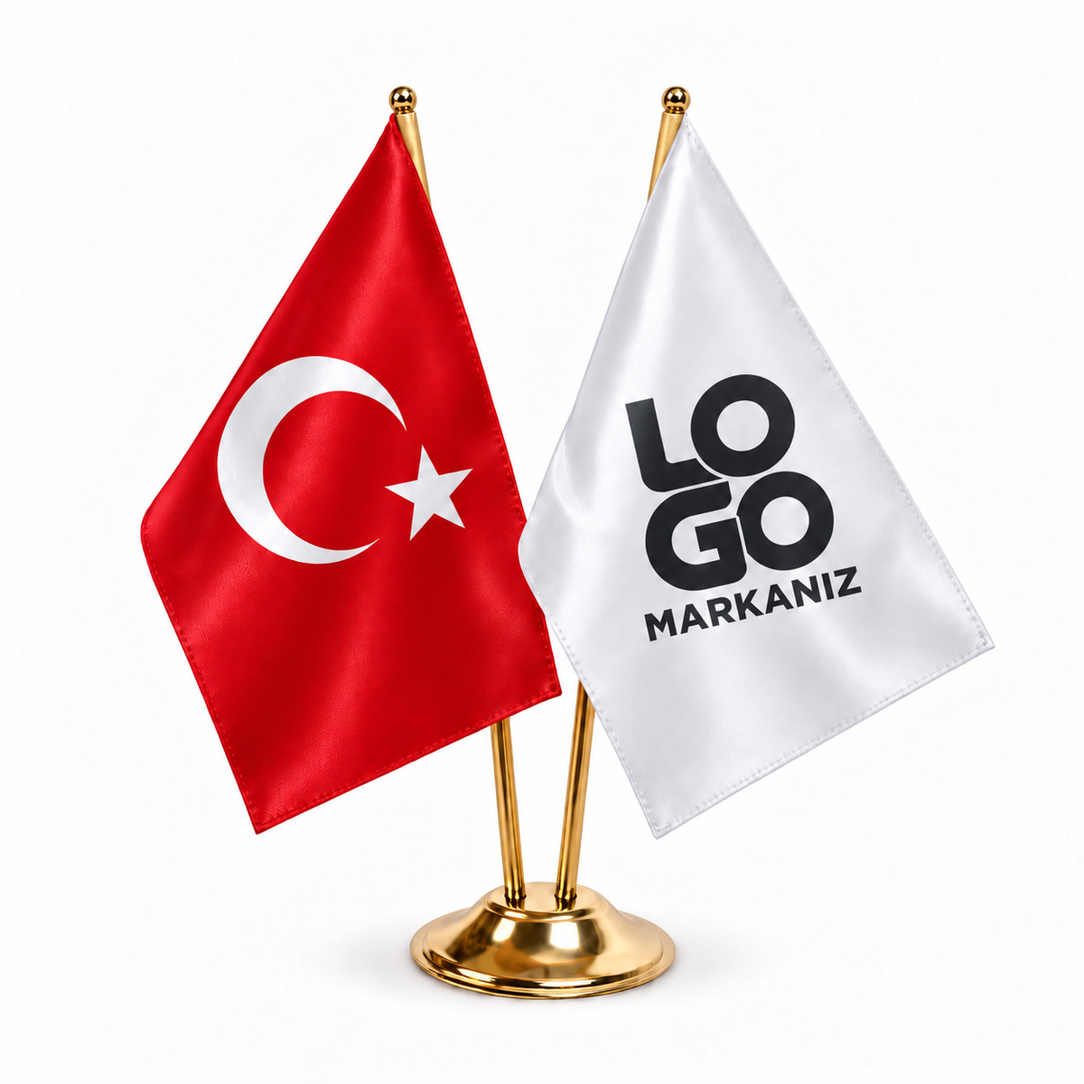 Türk Bayraklı ve Logolu İkili Masa Bayrağı (Gold Direkli)
