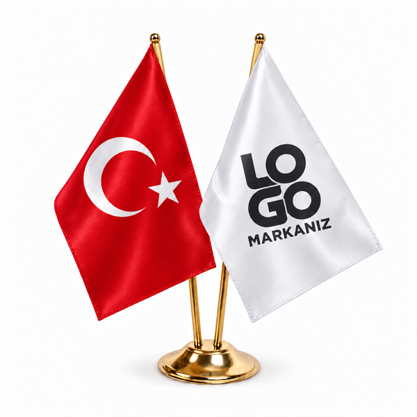 Türk bayrağı ve firma logolu ikili masa bayrağı, gold direkli